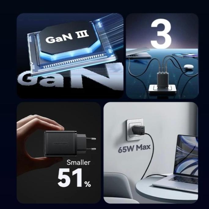 Charger Vention 65W Gan Fer Adaptor Fast Charging Pd Support 45W 20W