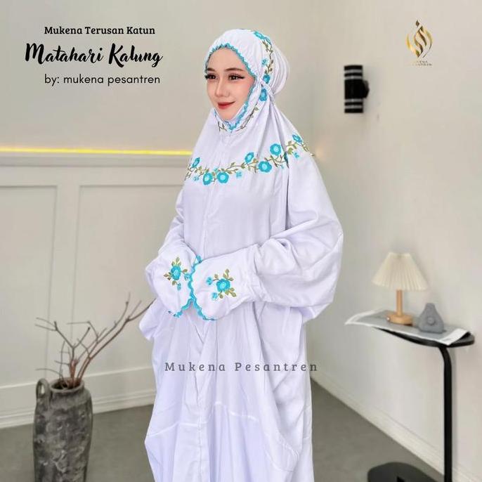 Otwkirim- Mukena Terusan Katun Mikro Bordir Bunga Matahari Mukena Santri Kerut Cantik Dewasa Kain Ny