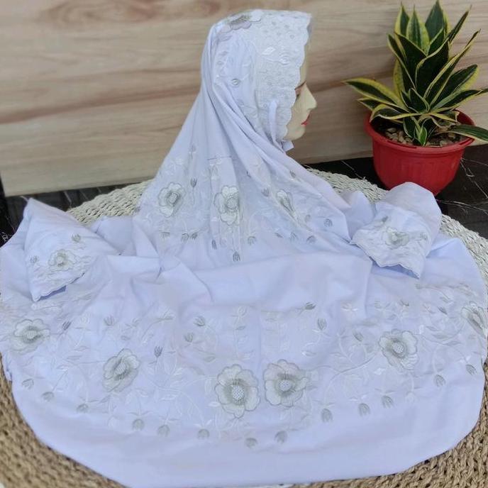 Otwkirim- Mukena Terusan Bordir Putih Bahan Katun Mikro Premium