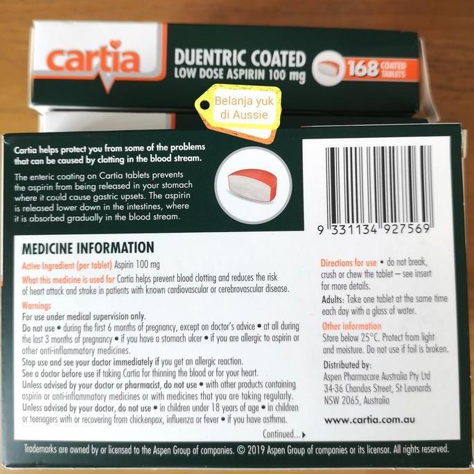 Healtiwi- Cartia Low Dose Aspirin 100Mg - Original Product Australia