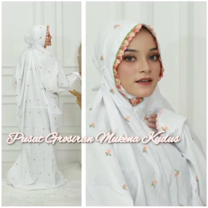 Otwkirim- Mukena Terusan Bordir Benang Asli Di Kain Motif Bunga Daisy Muslim Katun Cantik Renda Dewa