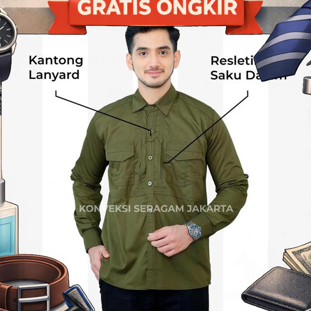 Baju Kemeja Tactical Pria Lengan Panjang - Seragam Kerja Dinas Lapangan Tactical Warna Hijau Army - 