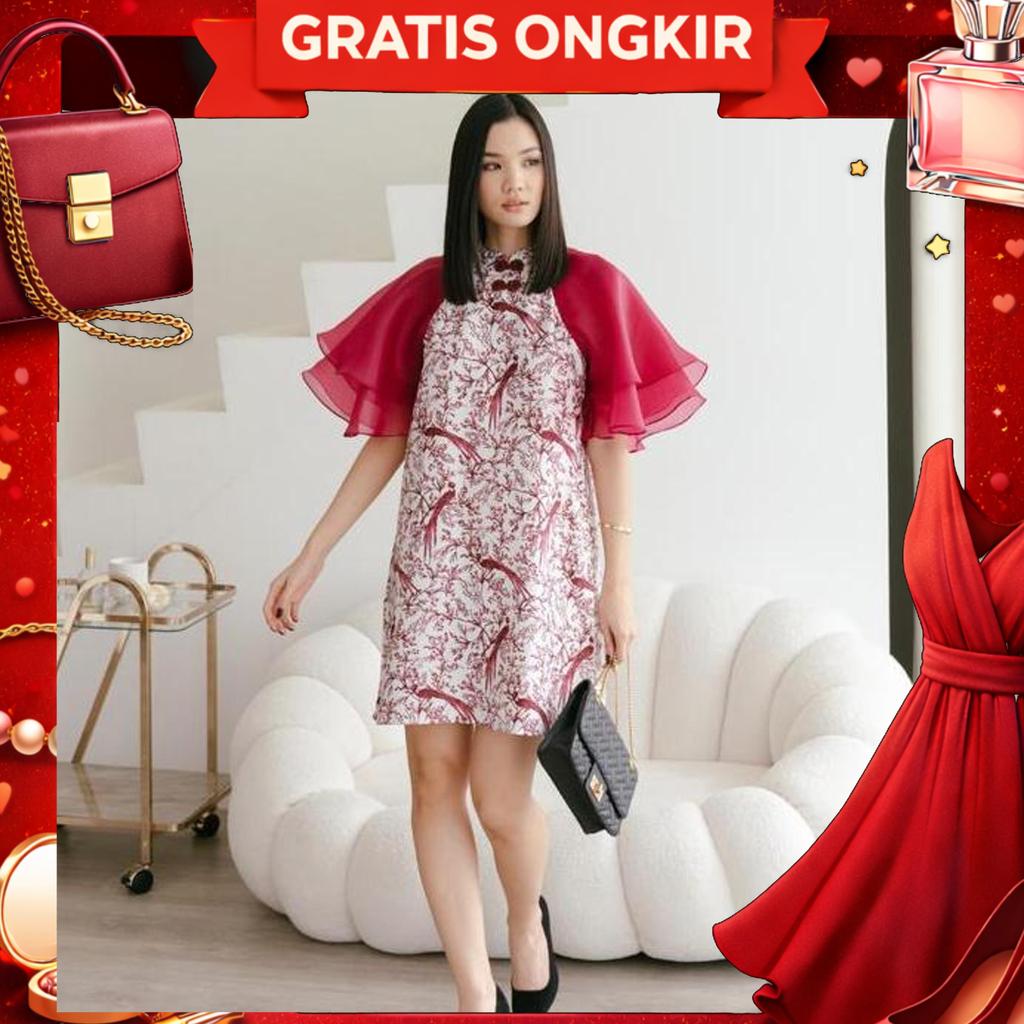 Maroo Mayleen Qipao Cheongsam Dress/Dress Imlek/Qipao/Cheongsam Maroon Panjang