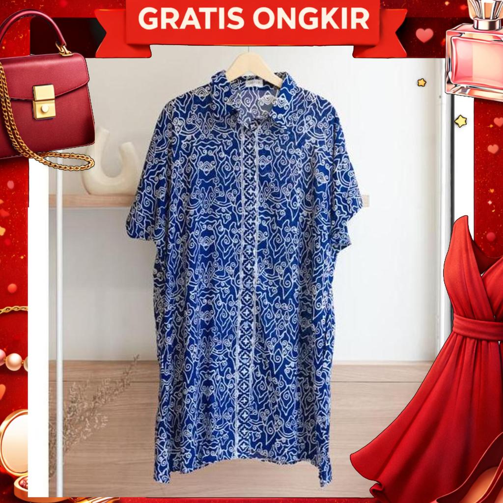 Devinca Dress Homedress Batik Big Size Kerah Dress Batik Kerah Kancing Daster Jumbo Lengan Pendek Bu