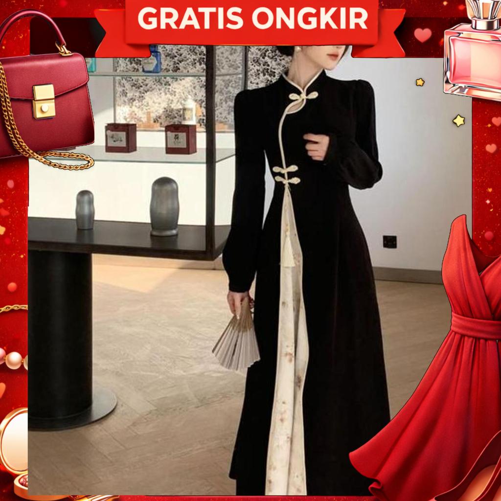 Dress Qipao Gaya Oriental Korea Vintage Retro Klasik Dress Panjang Cheongsam