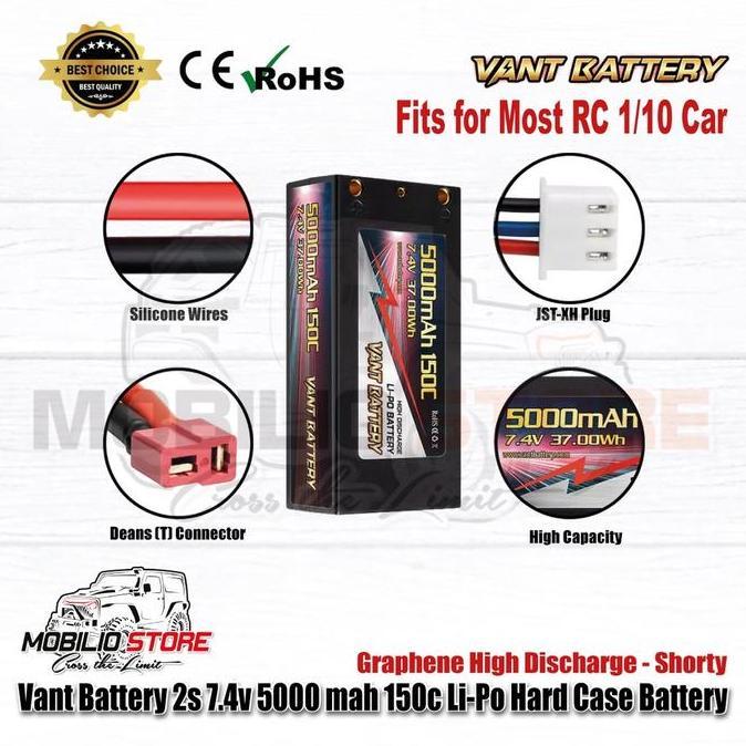 Vant Battery 2S 7.4V 5000 Mah 150C Li-Po Graphene Hard Case Battery Shorty Original