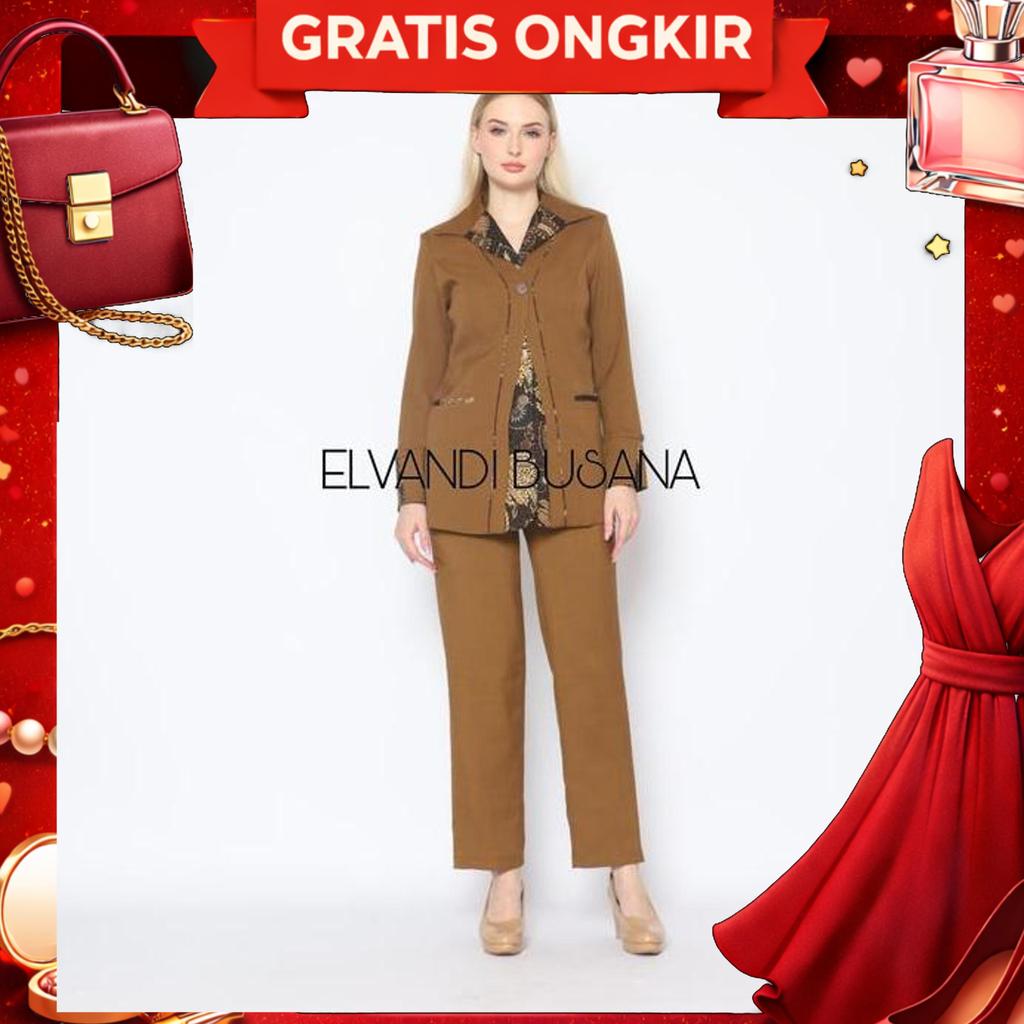 Setelan Jas Wanita Blazer Model Blazer Batik Khaki Tua Seragam Guru Baju Pns & Pemda - 6602 Setelan 