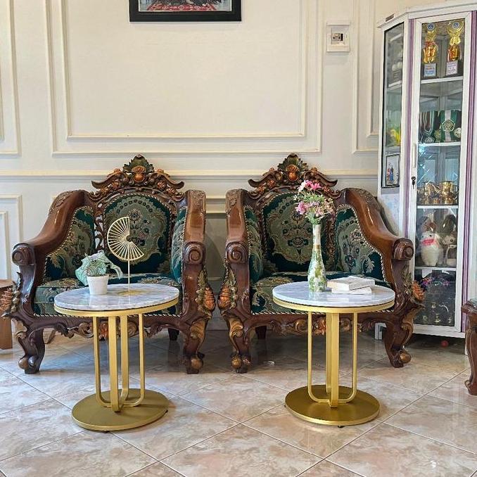 Terlaris Meja Sudut Top Marmer, Meja Marmer Carara, Meja Marmer Kaki Gold