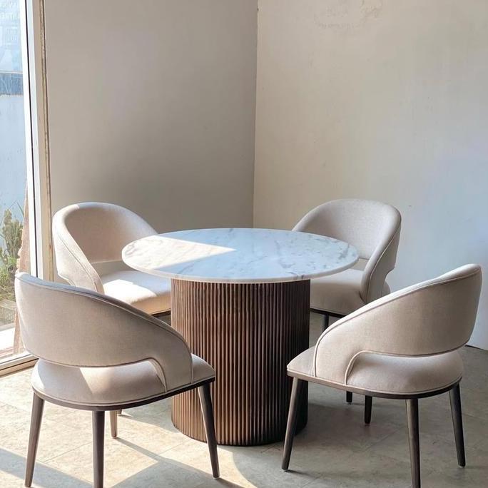 Terlaris Meja Makan Set Bulat Top Marmer Carara