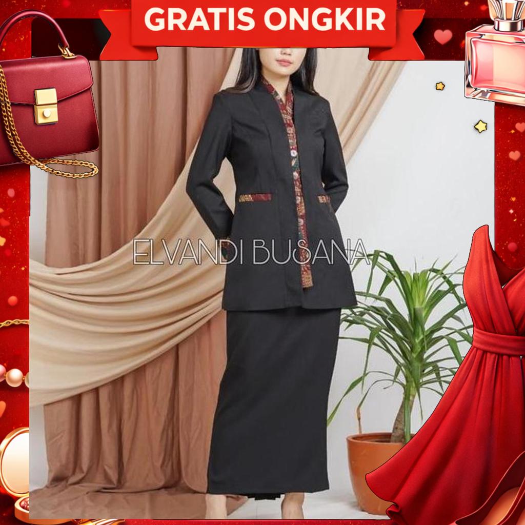 Setelan Jas Wanita Blazer Model Kimono Batik Hitam Seragam Guru Baju Pns & Pemda - 5001 Setelan Cela