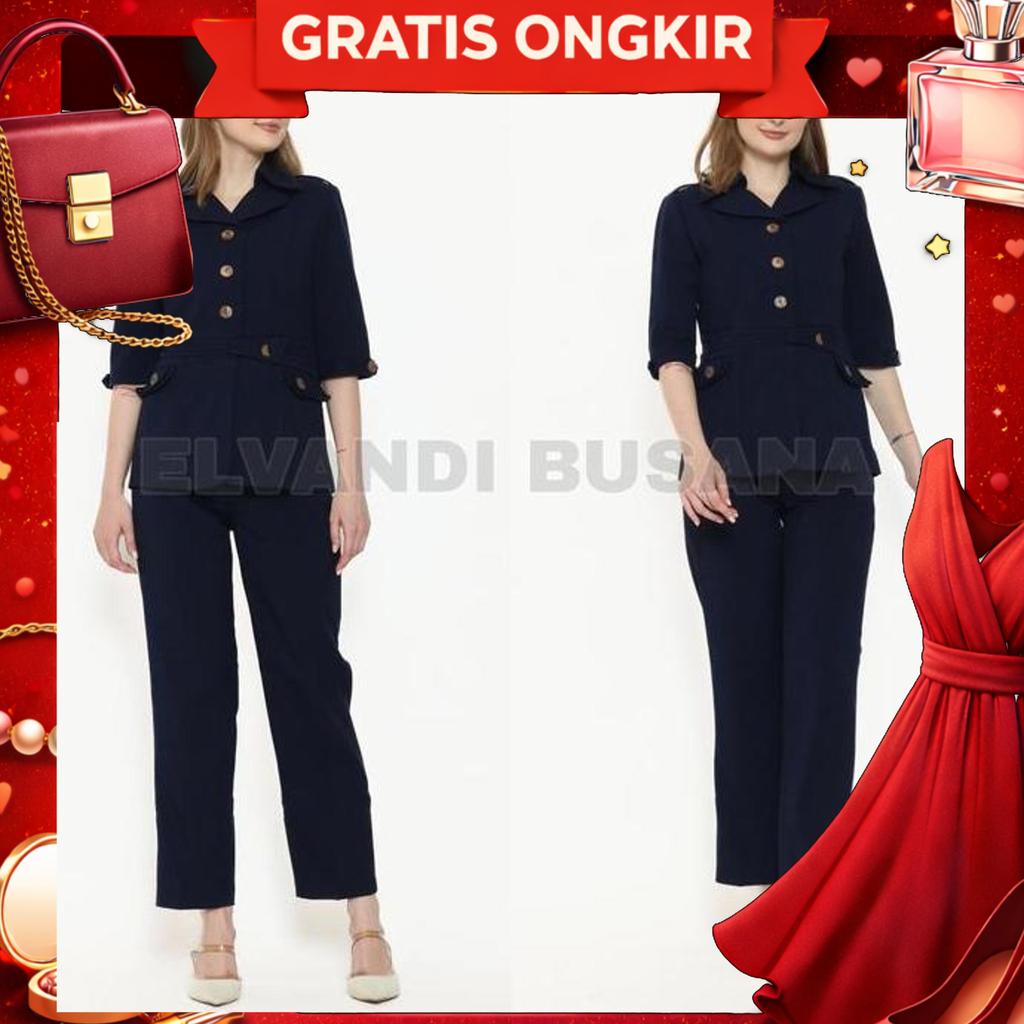 Setelan Jas Wanita Blazer Model Ikat Pinggang Biru Dongker Seragam Guru Baju Pns & Pemda - 6601 Sete