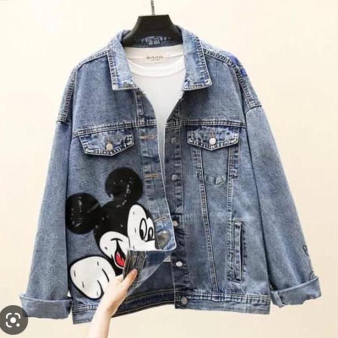 BEST SELLER / PREMIUM OOTD - Jaket Jeans Wanita Mickey Oversize Kantong Dalam