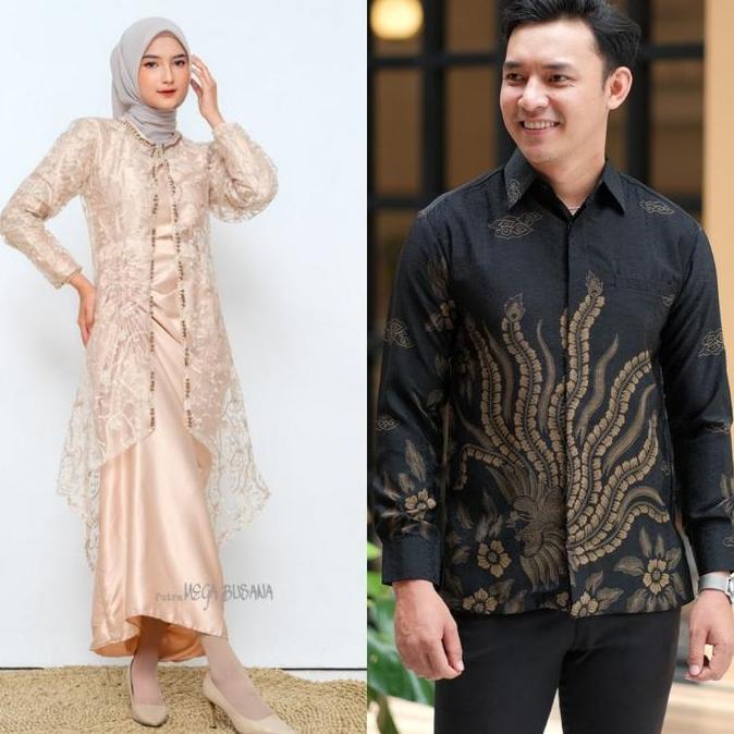 Couple Nia Rompi Kemeja Batik dan Gamis Set 2 in 1 Dress Serut Velvet Kombinasi Outer Cardigan Broka