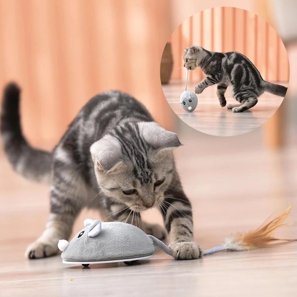 Mainan Kucing Tikus Bergerak Otomatis / Mainan Interaktif Hewan Bentuk Tikus / Mainan Tikus Bergerak