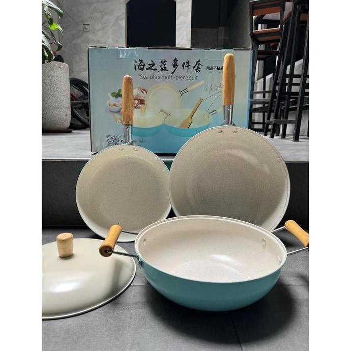Paket Wajan Keramik Biru isi 3 pcs Panci Masak 3in1 3 in 1 Set Penggorengan Soup Sup Anti Lengket Ce