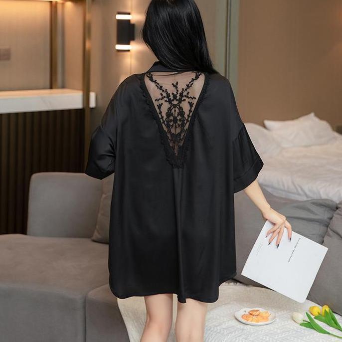 Terpopuler- Piyama Dress Tidur Sexy Kemeja Putih Es Silk Kemeja Wanita Baju Tidur Kmj-984 Piyama Dre