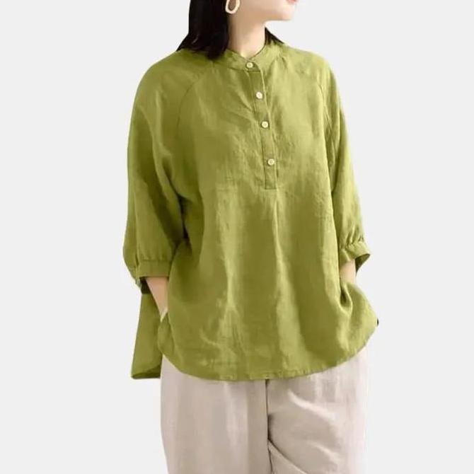 Topyoux- Blouse Wanita Jumbo Katun Linen Rami Kerah Shanghai Kemeja Lengan 3/4 Baju  Atasan Linen Ov