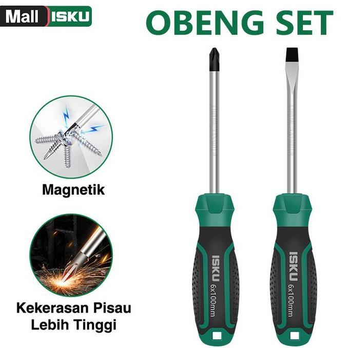 NEROZA ISKU Obeng Set 2 Pcs Plus Minus Magnetik 6x100mm Baja Chrome Vanadium Anti-Slip CR-V Ujung Ma