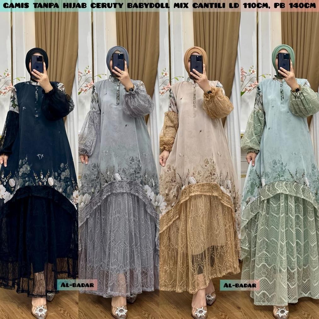 Gamis Tampa Hijab Bahan Ceruty Baby Doll Mix Cantili  Ld 110 Cm Pb 140 Cm