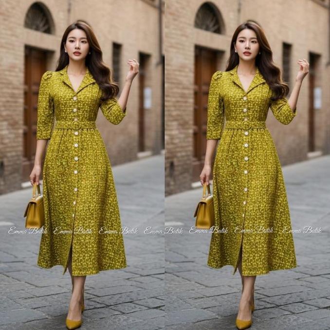 Promo Emma Butik E00196 Midi Dress Jacquard Gaun Wanita Formal Dress Kancing Dress Gereja Mewah Panj