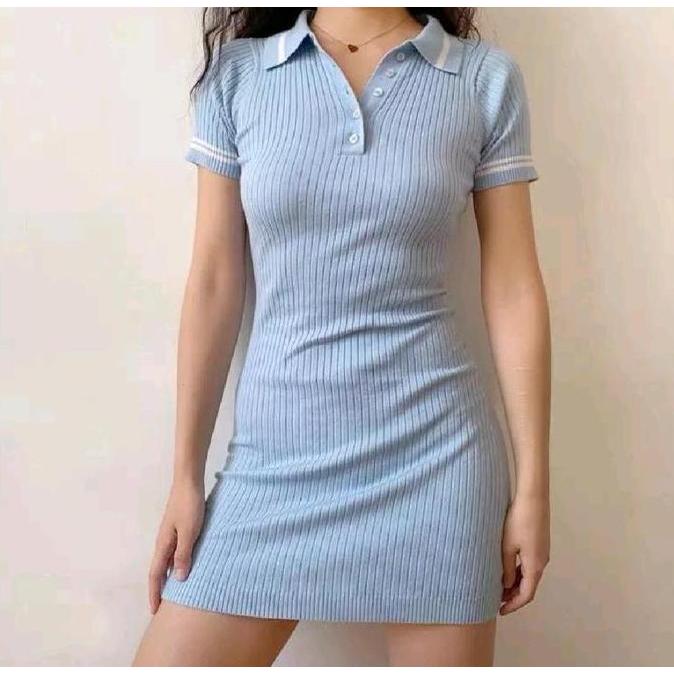 Promo xFashion,ID - Dress Knit Rajut Bodycon Casual Kancing Casual Kancing Kerah Panjang Diskon