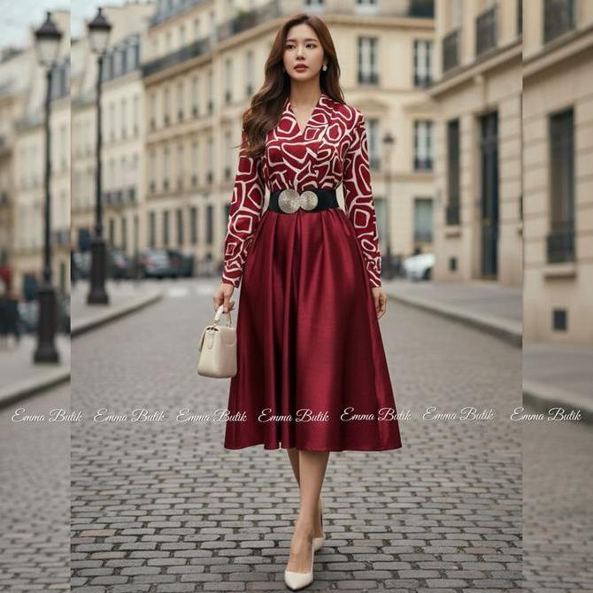 Promo Emma.Butik E00678 Gaun Midi Pesta Merah Dress Gereja Lengan Panjang Wanita Tunik Formal Kondan