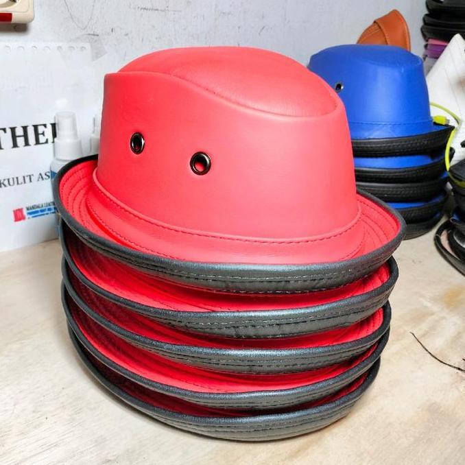Topi Fedora Kulit sapi Asli warna Merah Stabilo Ukuran Dewasa