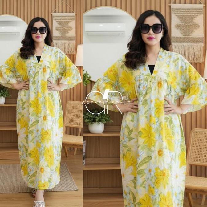 Promo Daster Dress Terbaru Motif Rayon Premium Lengan Lonceng Dress V Neck Resleting Busui 2025 Disk