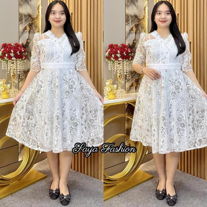 Promo Midi Dress Tile Putih Bordir Payet Bunga V-Neck 51700 47 Dress Pesta Wanita Diskon