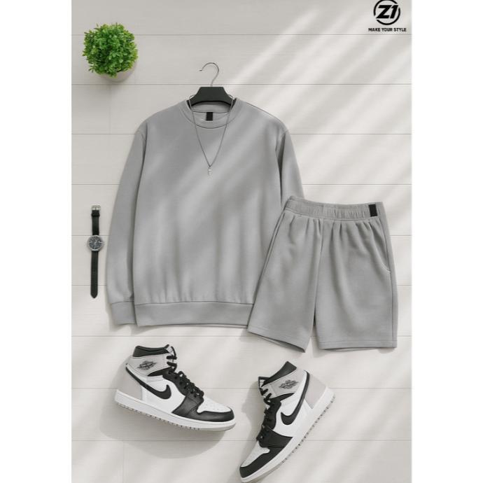 Tahan Lama Sweater Polos One Set Celana Pendek Crewneck One Set Polos Sweater Pria Wanita Crewneck P