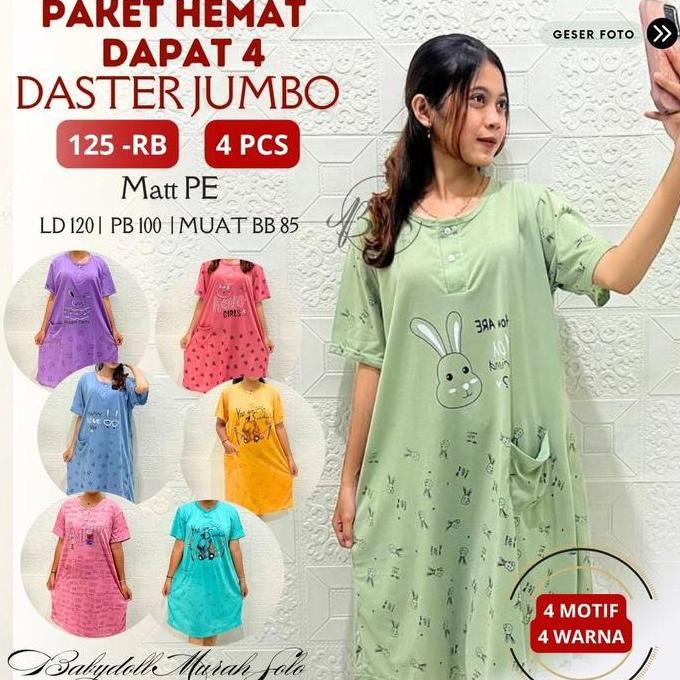 Unik Dapat 4 Pcs Daster Jumbo Baju Tidur Wanita Ld 120Cm, Muat Bb 85Kg, Bahan Kaos-Babydoll Murah So