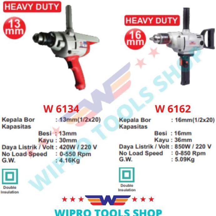 HARGA DISC - WIPRO Mesin Bor Tangan / Bor Listrik HEAVY DUTY 13mm W6134B, 16m W6162