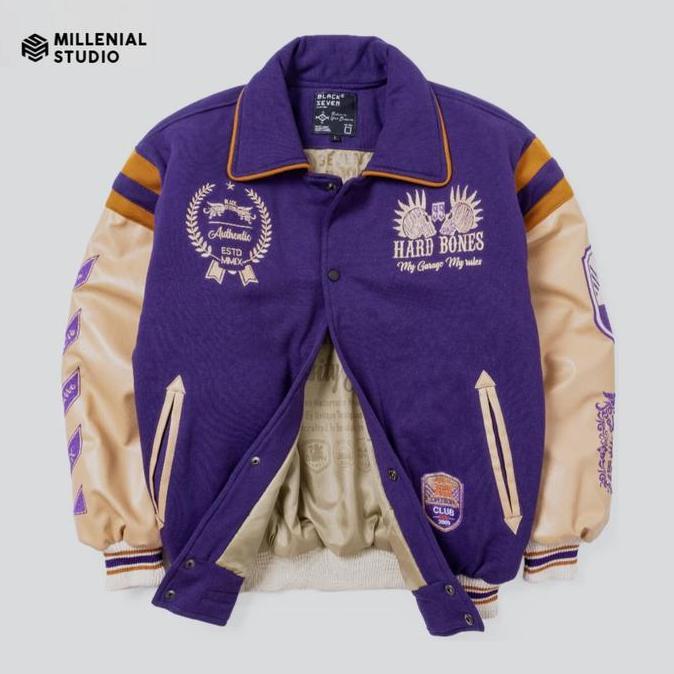 Boywings- Varsity Jacket San Diego Hard Bones Purple Cream | Jaket Baseball Kerah Bordir Original Un