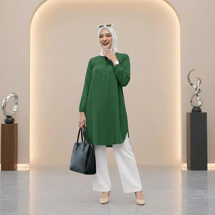 DR152 - Tunik Wanita Lengan Panjang Katun Viscose Hijau Botol Size L-6L Nyaman Busui Friendly Tunik 