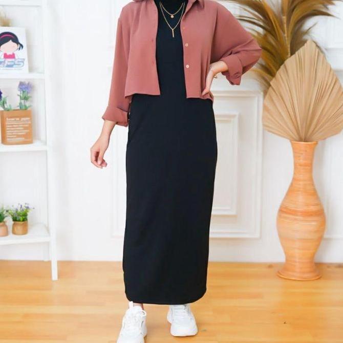 DV183 - Terdedia inner dres lengan panjang . manset gamis wanita muslim lengan panjang Dalaman Hitam