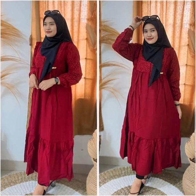 DB109 - AZHAR BUSANA SHOP Malika Midi Dress Kekinian Wanita Bahan Pololinen Mix Brokat Terbaru Konda