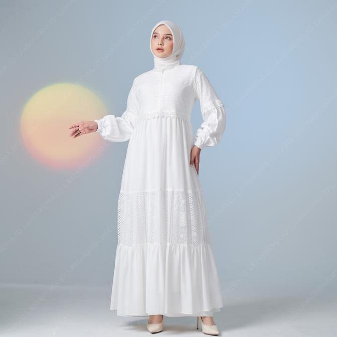 DV274 - Baju Gamis Putih Wanita Simple Elegan Dan Mewah | Gamis Putih Brukat Pesta Kondangan Modern 