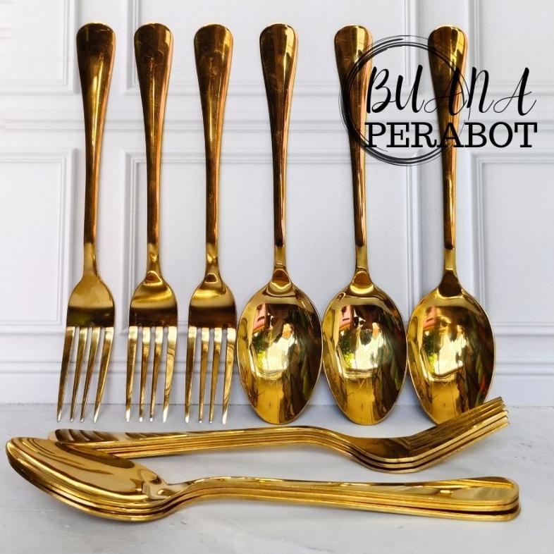 PROMO 1 SET SENDOK MAKAN EMAS DAN GARPU MAKAN EMAS TEBAL STAINLES / SENDOK RESTORAN SENDOK HOTEL