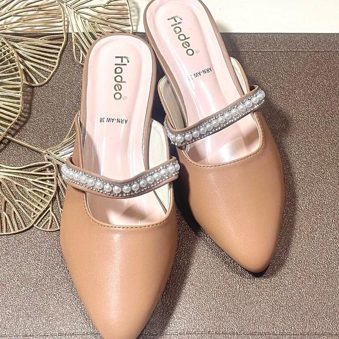 Terpopuler- Sendal Wanita Terbaru Mules/Heels Fladeo Tali Mutiara 3Cm Shoes