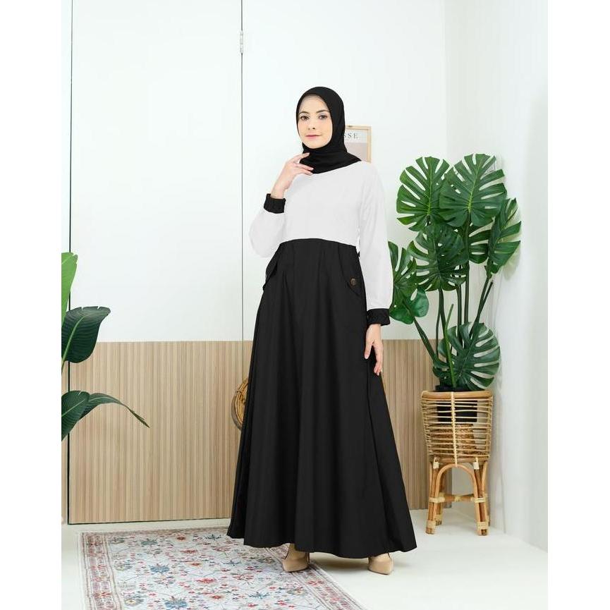 Instancodbisa- Gamis Seragam Kerja Pns Pdh Kombinasi Hitam Putih Dress Wanita Toyobo Tebal