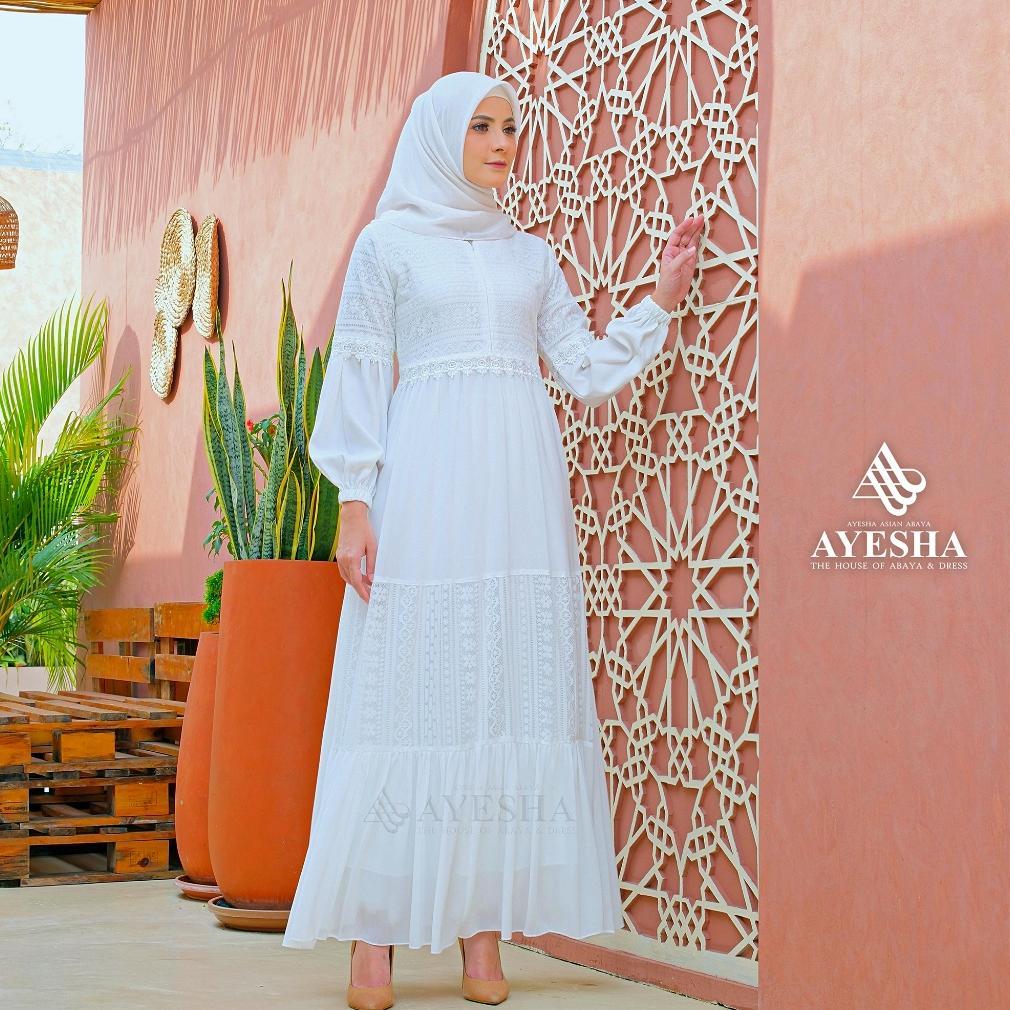 FREE ONGKIR AYESHA GAMIS PUTIH BRUKAT WANITA MEWAH ELEGAN TERBARU
