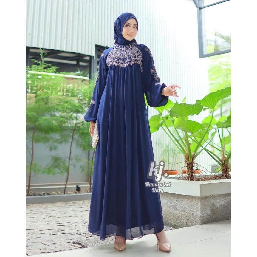 Instancodbisa- Khadijah Mode - Gamis Namira Set Hijab Bordir Ceruti Babydoll Grade A Lembut Nyaman M