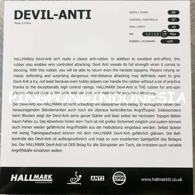 Hallmark Devil Anti - Karet Pingpong Rubber Tenis Meja Anti Bet Bat Defensive Allround+