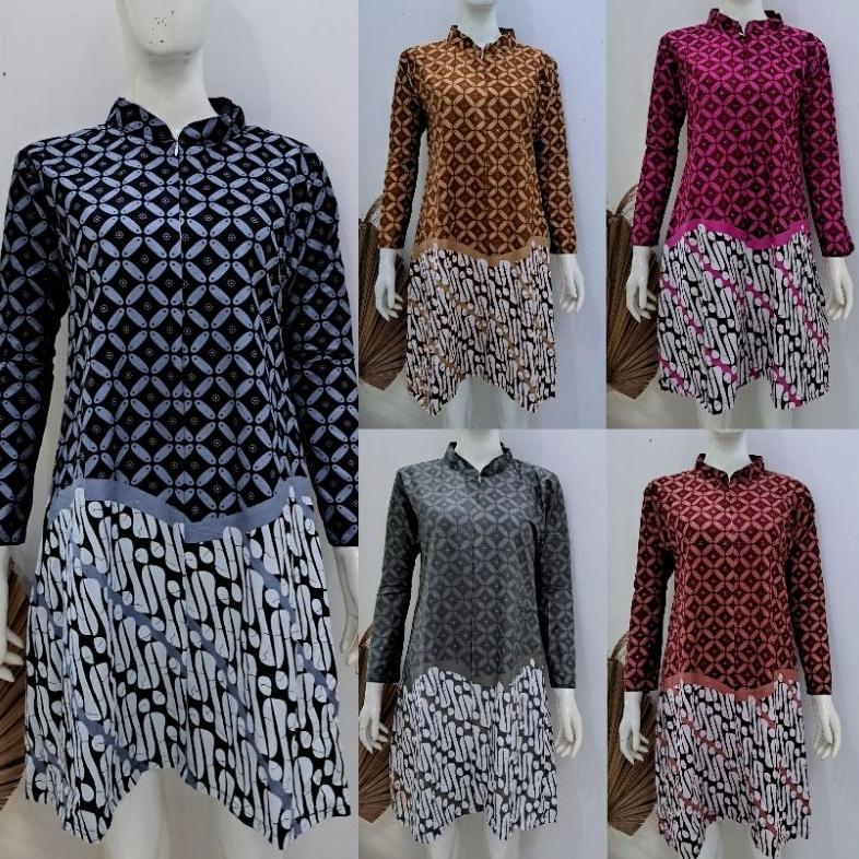 New Tunik Batik Kombinasi Kawung - Tunik Kekinian - Tunik Jumbo