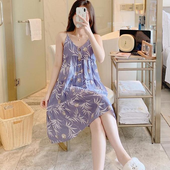 AKLOVER Daster Kekinian Baju Tidur WanitaTanpa Lengan Pakaian Rumah Yang Panjang Piyama