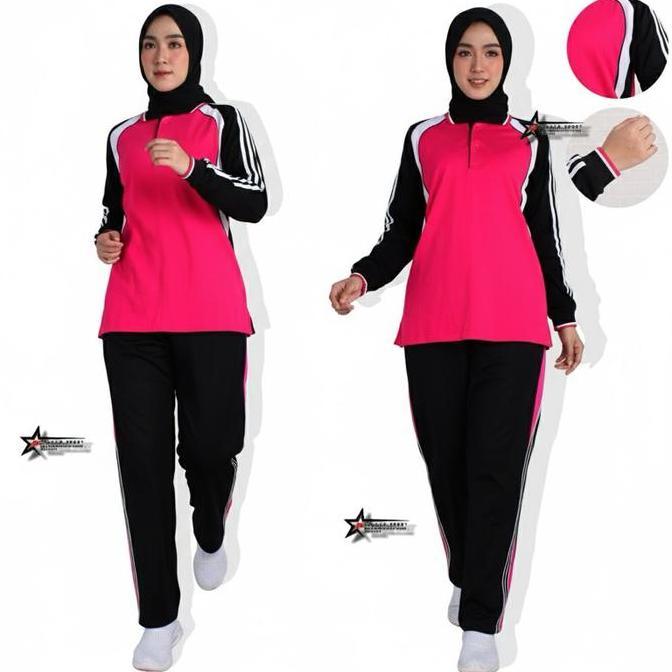 DE56 - Setelan Baju Kaos Training Olahraga Wanita Celana Muslim Panjang Sport Polos Tunik Bahan Katt