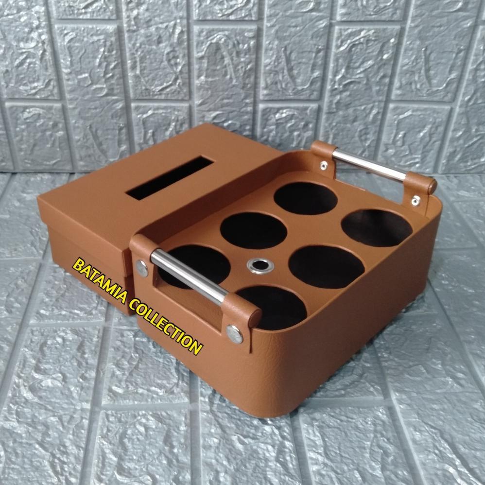 Tempat Aqua Keranjang Air Mineral Gelas Model Oval Isi 6 Cup + Kotak Tisu Kulit Sintetis 200 Sheet T