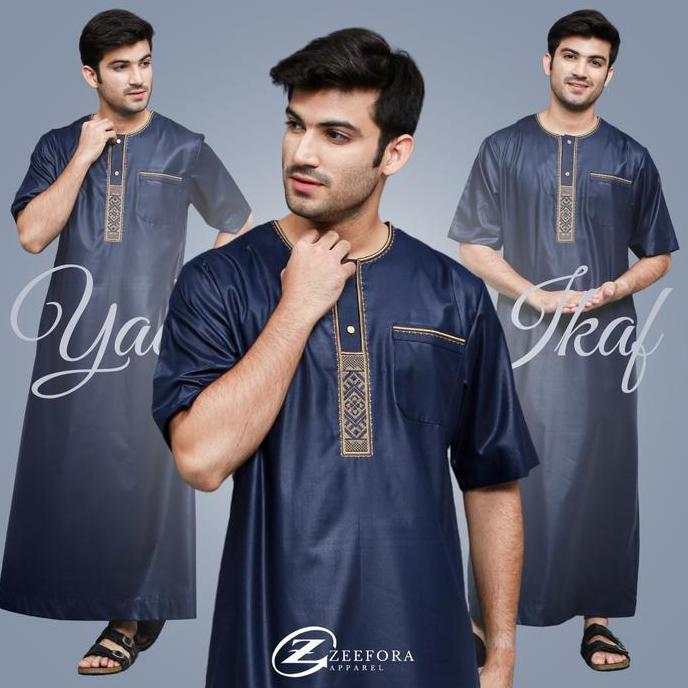 Murah  Zeefora Jubah Pria Ikaf Premium Yaqub Hitam Bordir Kancing Snap Lengan Pendek Kerah Oblong De