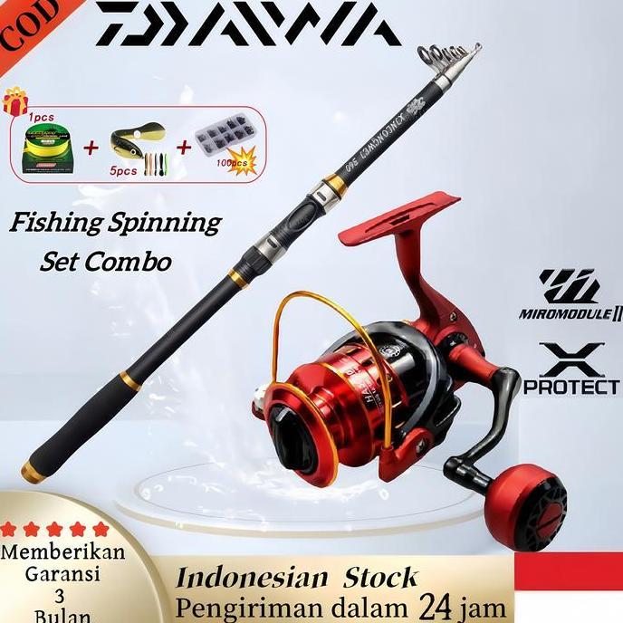 Set Pancing Daiwa Komplit | Telescopic Fishing Rod 2.1-3.6m + Reel 1000-7000 + Senar 100m + Umpan | 