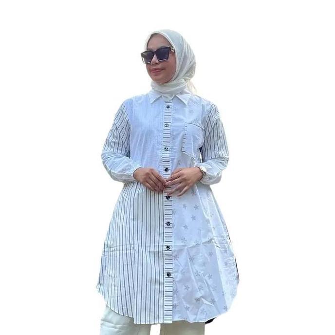 long tunik salur mix brukat  -  Atasan Wanita Muslim Formal Katun Kombinasi Panjang Nyaman Casual Si